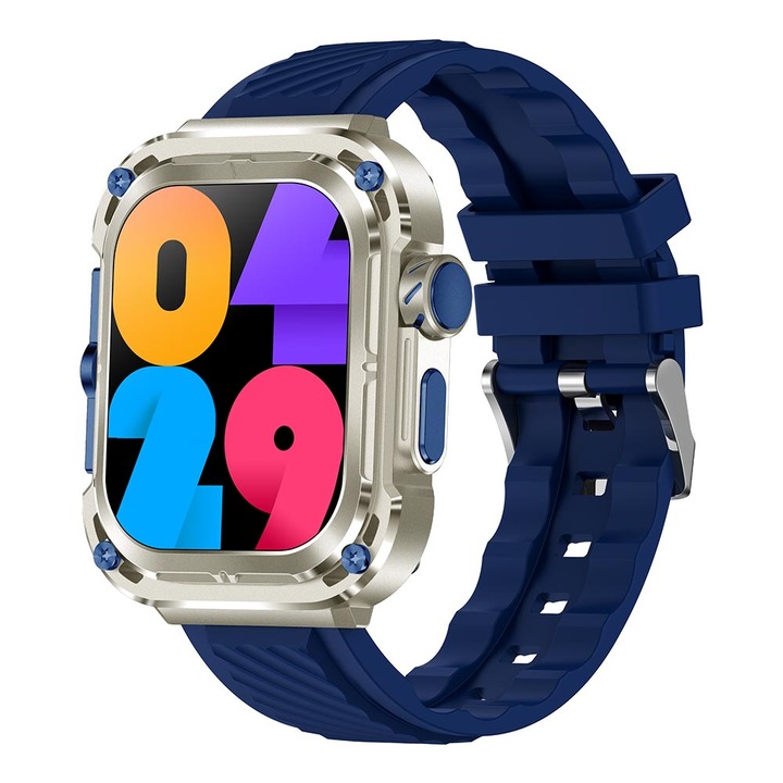 Ceas Smartwatch, KINSI, NFC, Notificari Apeluri/Sms/Social Media, fitness, sport, somn, Monitorizare Ritm Cardiac si Tensiune Arteriala, player muzica, rezistent la apa, albastru