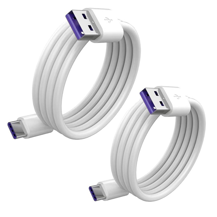 Set 2 bucati Cablu de date si incarcare rapida, Zggzerg, Compatibilitate universala, Material premium rezistent, USB la USB-C, Type C, Pentru Huawei, Samsung, Xiaomi, Oppo, 1M +2M, Alb