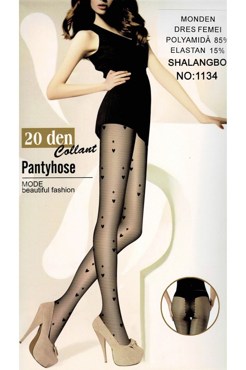 Dres dama, StarFashion, model elegant, 20 Den, cu inimioare, negru, OneSize