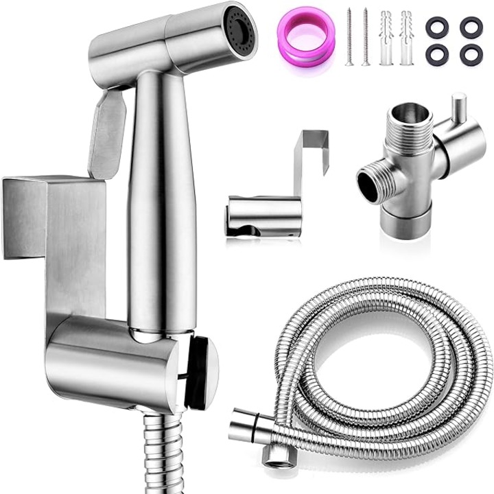 Set 11 de Pulverizare A Vasului de Toaleta, Dus de Mana Pentru Bidet, Para Cap de Dus, Include un furtun de 1.5 m, supapa in T de si accesorii montaj, Reglaj apa, Pentru igiena personala, Inox, Argintiu