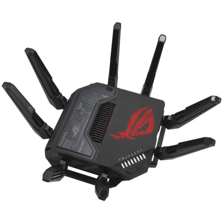 Router Gaming Wireless ASUS ROG Rapture GT-BE98, BE25000, Wi-Fi 7, Quad-Band, Quad-Core 2.6GHz CPU, 256MB/2GB Flash/RAM, 10G dual-port, 2.5G quad-port, AiProtection Pro, RangeBoost Plus, AiRadar TX, VPN Fusion, multiple SSIDs, Beamforming, RGB, AiMesh