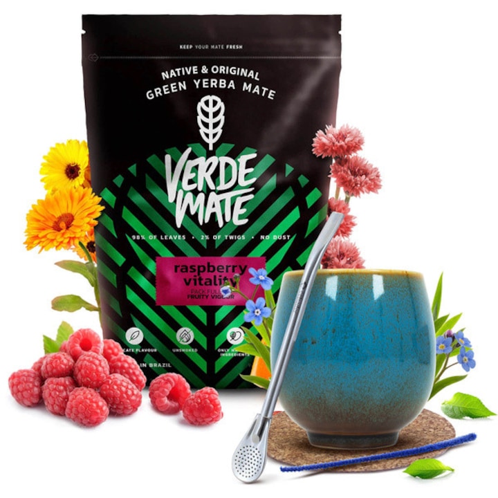 Ceai Yerba Mate, Verde Mate Raspberry 500g, Cana din ceramica Isla 220 ml, Bombilla