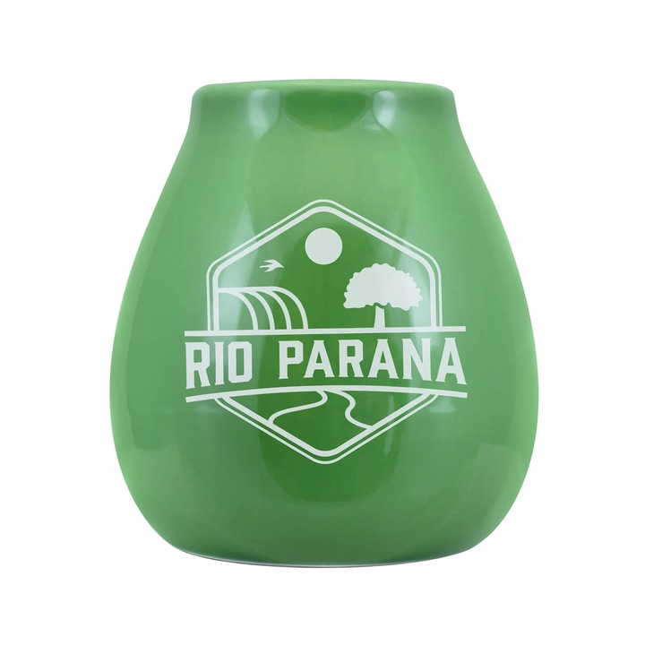 Cana Pentru Yerba Mate, Cebador, Ceramica, Verde, 330 ml, Design Traditional, Logou Rio Parana, Glazurata la Interior si Exterior, Rezistenta, Calitate Superioara