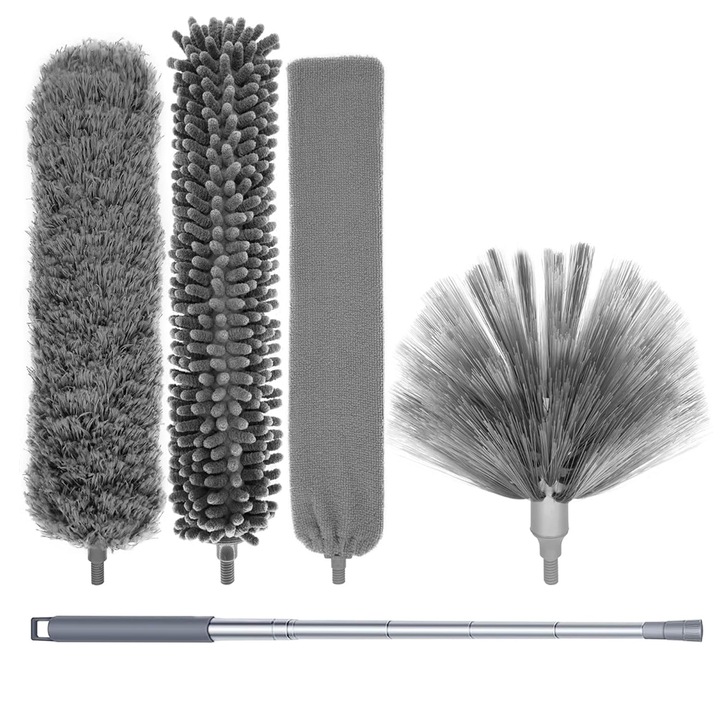 Pamatuf Microfibre, Axroad Mall, Indepartarea murdariei si a prafului, Telescopica, Cu 4 capete interschimbabile, Curatarea casei, a birourilor, a scolilor, Metal/Plastic/ Microfibra, Maner extensibil pana la 280 cm, Gri