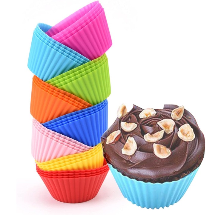 Set 24 forme briose, Axroad Mall, Coacerea oualor, rulouri, Termorezistenta pana la 220 grade C, Desprindere usoara, Usor de curatat, Reutilizabile, Potrivite pentru cuptor, cuptor cu microunde, Silicon, 4.5x7x3cm, Multicolor