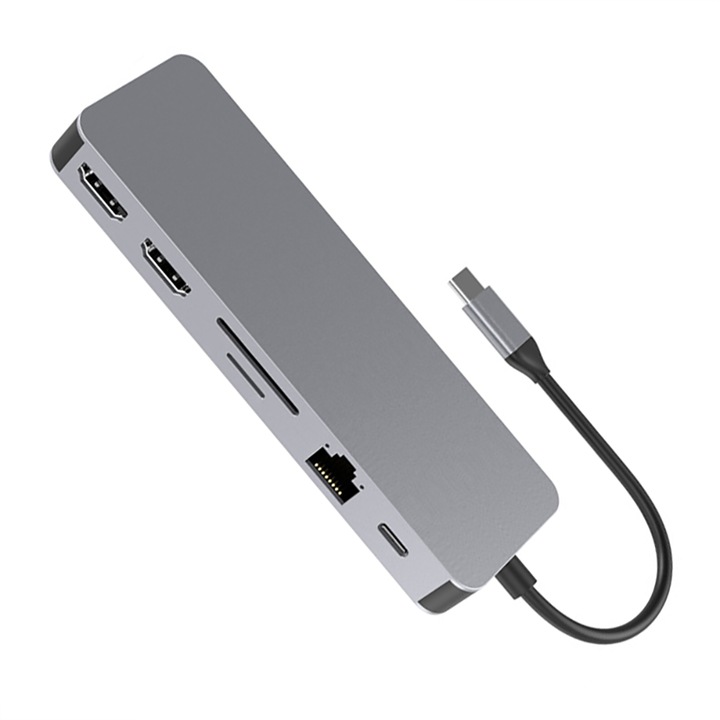 Statie de andocare USB-C, 13 in 1, Port Gigabit Ethernet de 1000 Mbps, 4k HDMI, port VGA, USB3.0, USB2.0, Port de date USB-C, Slot pentru card SD, card TF, 3,5 mm Audio/Mic, Vaxiuja, Universal, Argint