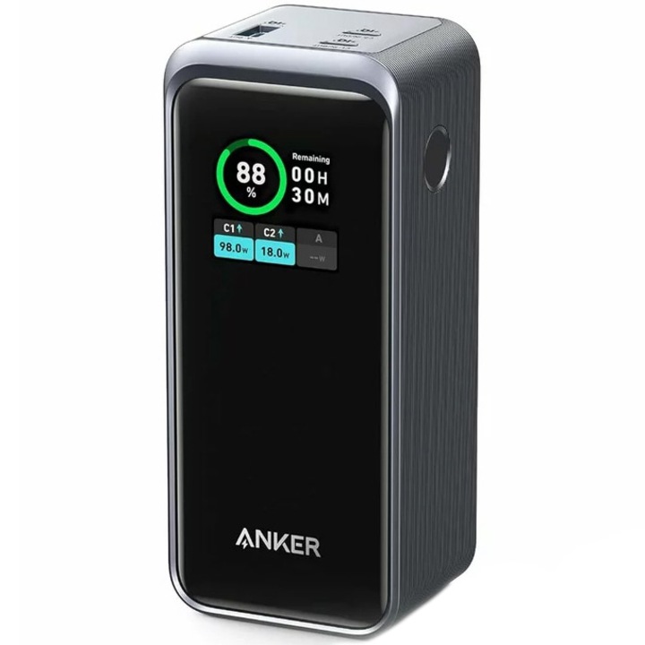 Acumulator extern Anker, 20.000mAh, 200W , 1 x USB, 2 x USB Type-C, display digital, 12V/5A, Negru, "A1336011