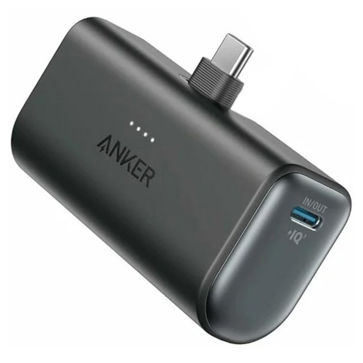 Acumulator extern Anker Nano, conector USB-C incorporat si pliabil, 5000mAh, 22.5W, Negru