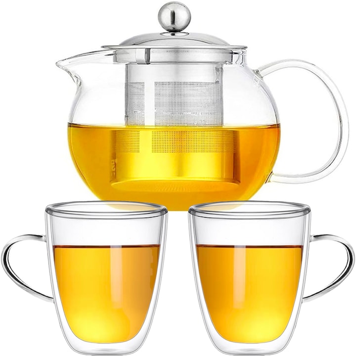 Комплект чайник с цедка и чаши Quasar & Co., 850 ml/2x350 ml, прозрачен