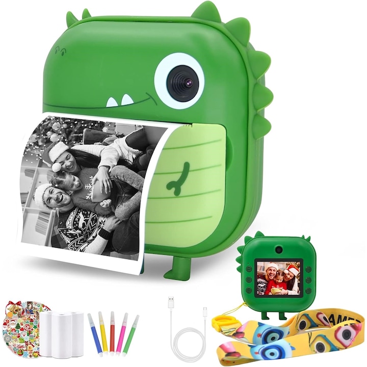 Aparat foto copii cu functie de printare, VALA® M2, model Dinozaur, Rezolutie 24Mpx 1080P, Dual Camera Fata-Spate, Functie SELFIE, Display LCD Color 2.4", 3 role hartie incluse, Carioci si Stickere Colorate, Verde