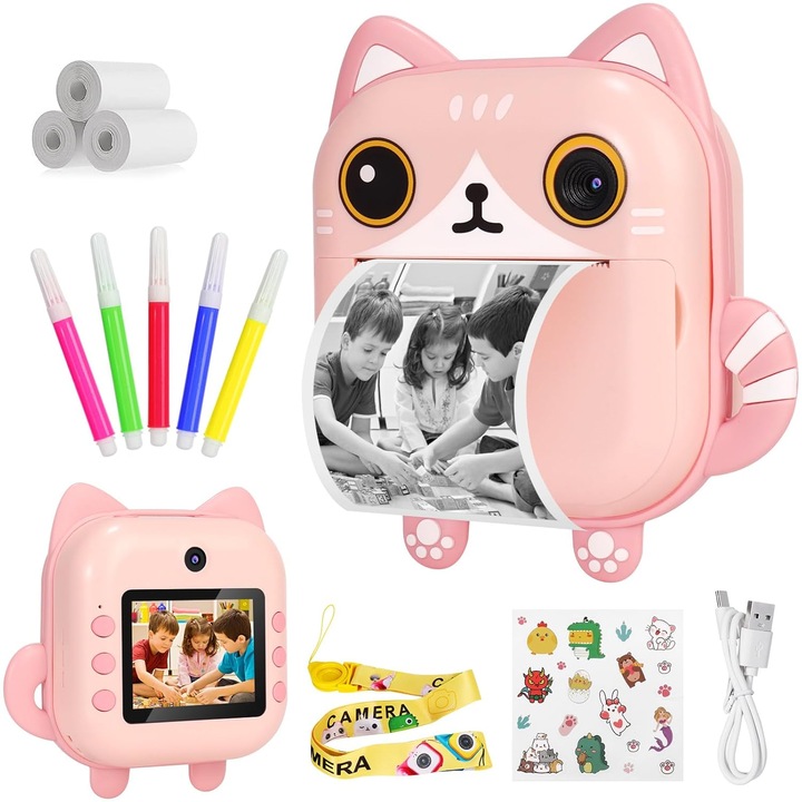 Aparat foto copii cu functie de printare, VALA® M2, model Pisica, Rezolutie 24Mpx 1080P, Dual Camera Fata-Spate, Functie SELFIE, Display LCD Color 2.4", 3 role hartie incluse, Carioci si Stickere Colorate, Roz