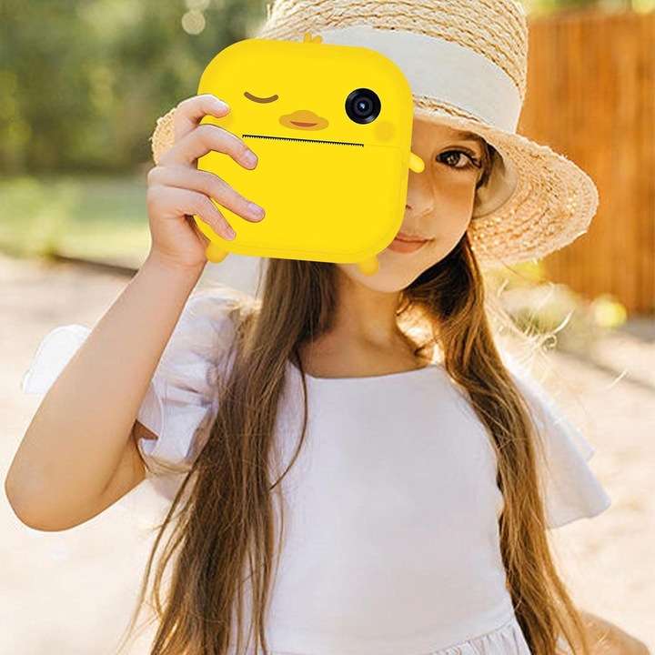 Детска камера с функция за печат, Vala M2, модел Puisor, 24Mpx 1080P резолюция, двойна предна и задна камера, функция SELFIE, 2.4" цветен LCD дисплей, 3 ролки хартия в комплекта, Carrios и цветни стикери, жълто