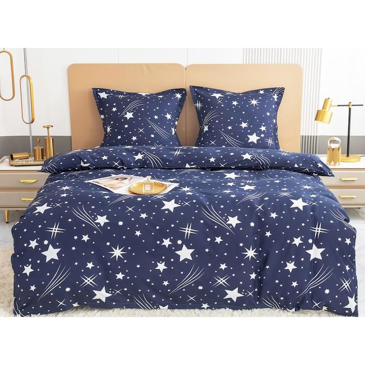 Lenjerie de pat din bumbac cu 4 piese, model cu stele, 200x230