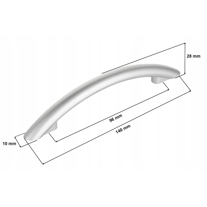Maner mobila, Meblando, Arc, din Plastic, Aplicare Universala, Usor de Montat, 140 mm Lungime, Distanta Gauri 96 mm, Suruburi de Fixare Incluse, Argintiu
