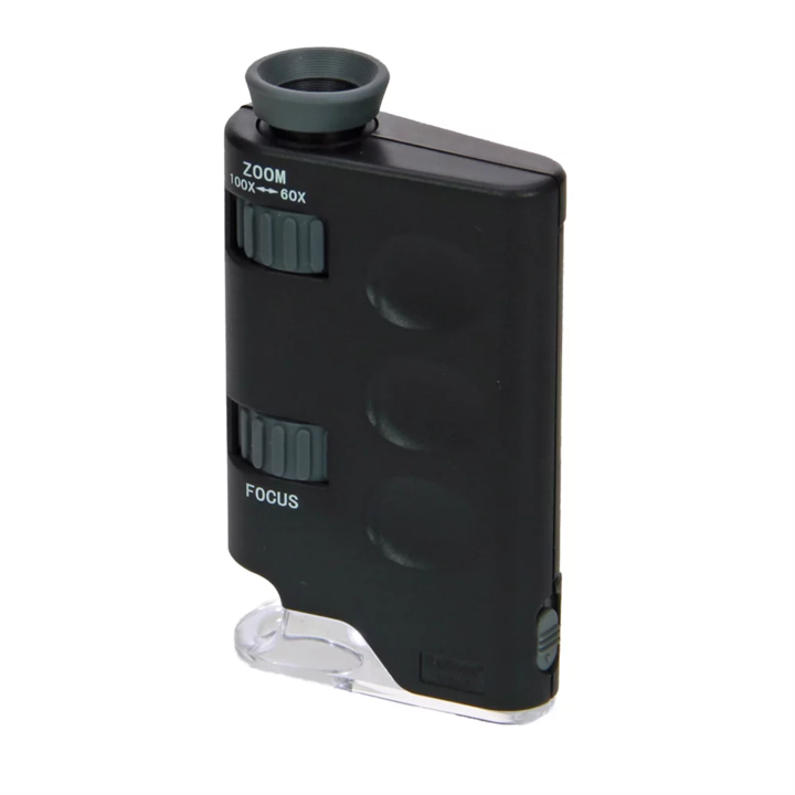 Микроскоп с размер 100x, ръчен фокус, безопасни албуми, LED светлина, поддържаща подметка