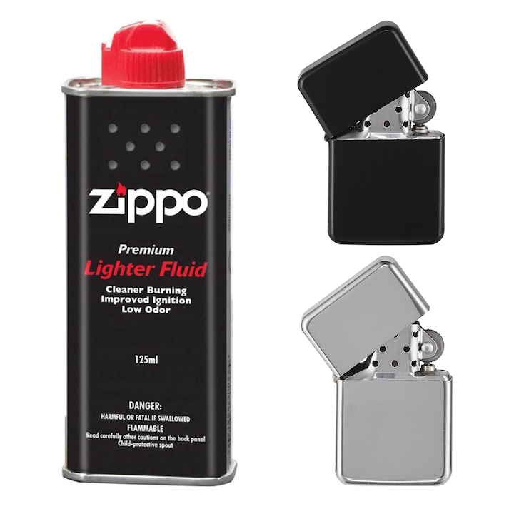 Комплект Zippo, 2 метални запалки, бутилка бензин 125 мл