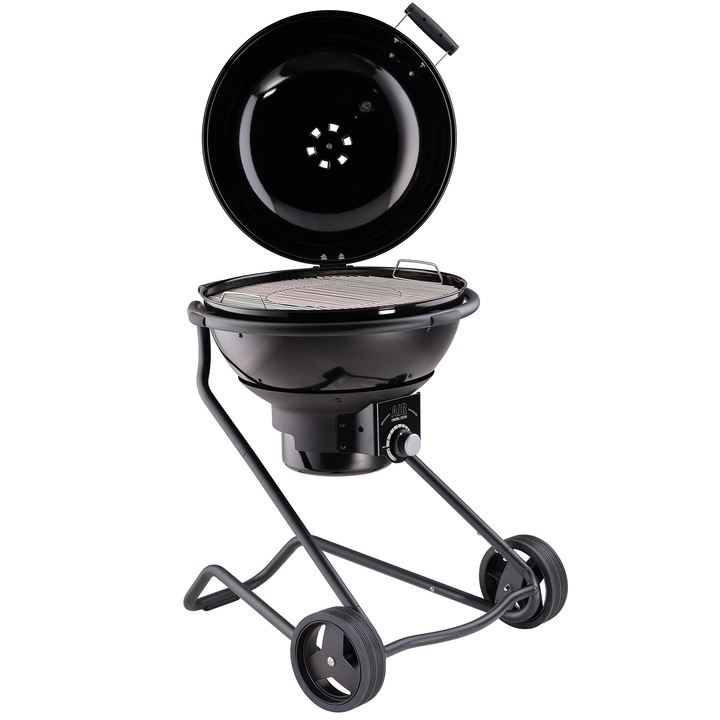 Gratar pe carbuni cu roti Rösle, No.1 F60 Air Nero, suprafata Ø 60 cm, sistem patentat Air Control, grill din otel inoxidabil, doua cosuri pentru carbuni, termometru integrat, maner ergonomic, usor de asamblat, negru mat