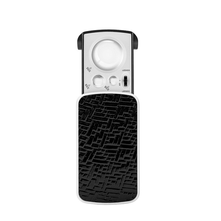 Ékszernagyító, Axroad Mall, Papírpénz észlelése, gyémántok, hitelkártyák, Zoom 30/60/90x, Gombbal, LED/UV lámpák, Elemes, Rajongóknak, gyűjtőknek alkalmas, ABS/Akril, 85x46x18mm, Fekete
