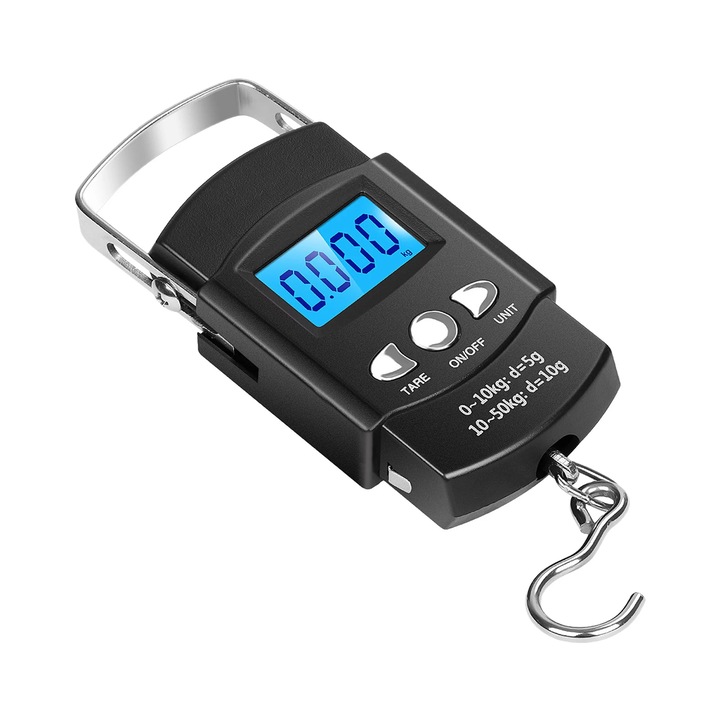 Cantar digital de mana, Zggzerg, Cu carlig de masurare a benzii si afisaj LCD, Capacitate 50 kg, 4 unitati, oprire automata, Pentru bucatarie, pescuit, alimente, transport maritim, Negru