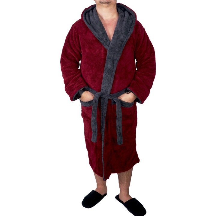 Halat barbati, MENZ, model Lounge, cocolino, cordon, buzunare, gluga, guler, visiniu/gri, M-L