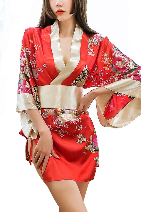 Азиатско кимоно, косплей, флорален принт, асиметрично, червено, един размер
