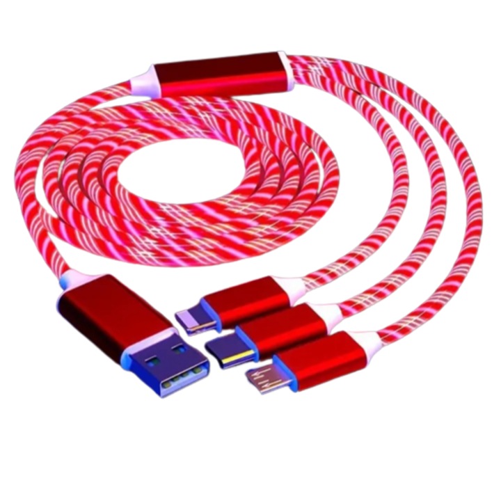 Cablu de incarcare 3 x 1, cu lumina colorata roz, 1, 2 m