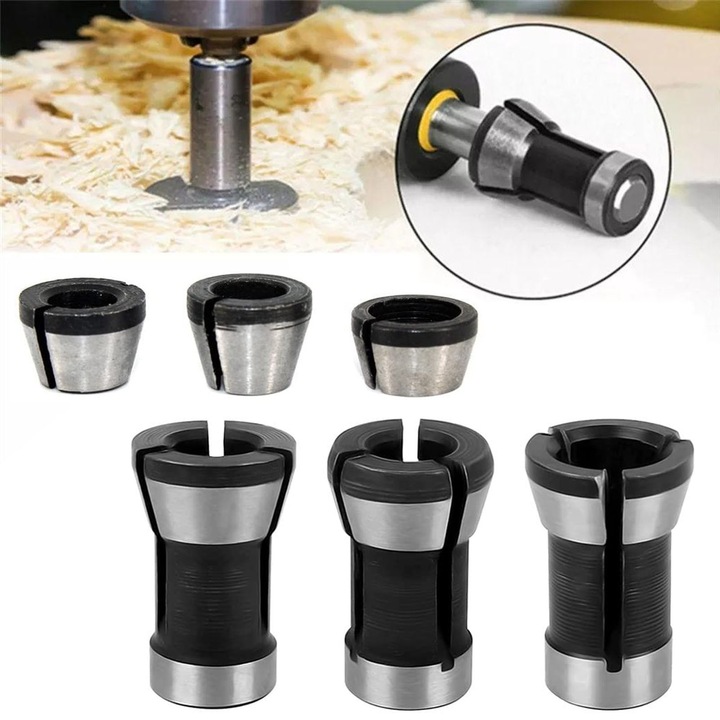 Trimmer collet adapter, Axroad Mall, 6 piese, 6mm, 6.35mm, 8mm convertor cap, Rezistenta la uzura, Inalta precizie, Stransa si stabila, Potrivit pentru masina de gravat, router de lemn, masina de gravat, Otel carbon, Negru