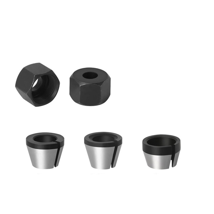 Комплект от 5 патронни глави, Axroad Mall, 6 мм, 6,35 мм, 8 мм, С 2 гайки, Устойчивост на износване, Висока прецизност, Стегнати и стабилни, Подходящи за гравиращи машини, фрезоване на дърво, автомобили, форми, Въглеродна стомана, Черно / сребристо