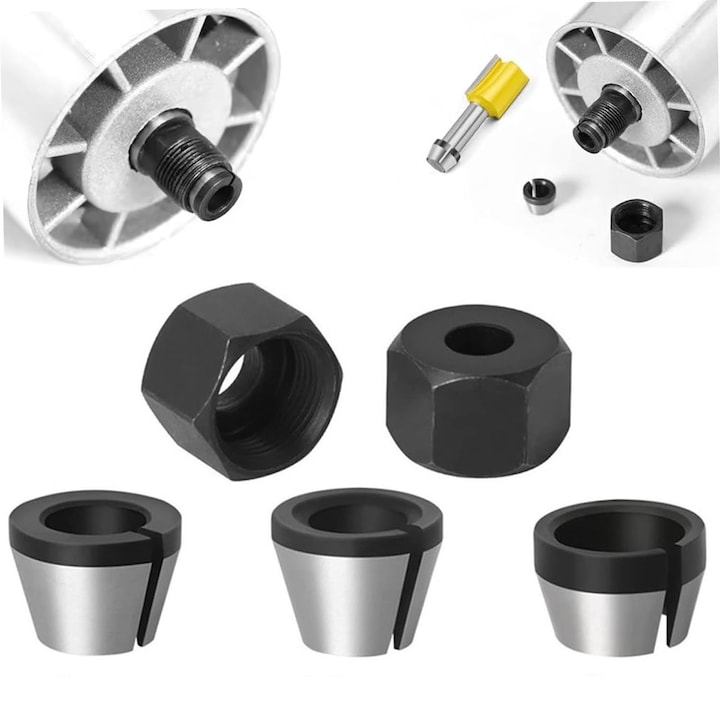 Set 5 capete de mandrina, Axroad Mall, 6 mm, 6.35 mm, 8 mm, Cu 2 piulite, Rezistenta la uzura, Inalta precizie, Stransa si stabila, Potrivit pentru masini de gravat, frezat lemn, automobile, matrite, Otel carbon, Negru/argintiu