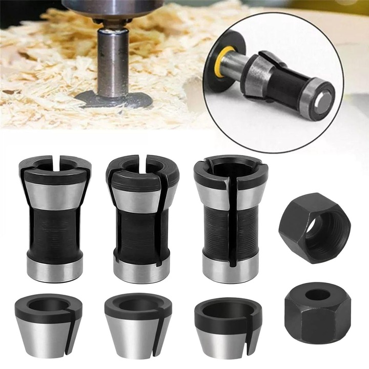 Cap de mandrina HSS 6 piese, 6 mm 6,35 mm 8 mm, Axroad Mall, Suport colt + 2 piulite, Pentru freza electrica si masina de gravura, Rezistenta la uzura, Inalta precizie, Stransa si stabila, Negru