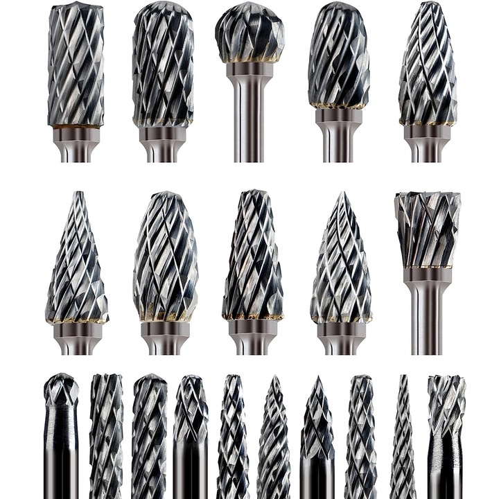 Set 20 freze pentru metal, Axroad Mall, 3mm, 6mm, Rezistenta la caldura si anticoroziva, Cu cutie de depozitare, Pentru unelte rotative, slefuit si prelucrarea lemnului, gravare, lustruire a metalelor, Otel tungsten, Argintiu