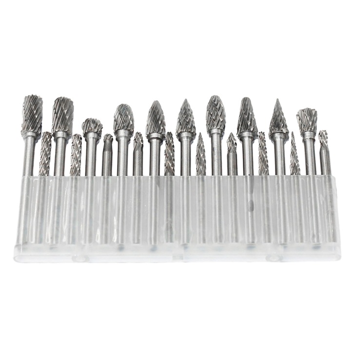 Комплект от 20 фрези за метал, Axroad Mall, 3 мм, 6 мм, Топлоустойчивост и антикорозия, С кутия за съхранение, За ротационни инструменти, шлайфане и дървообработка, гравиране, полиране на метал, Волфрамова стомана, Сребрист