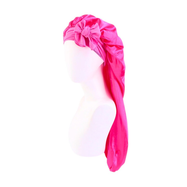 Boneta din satin pentru dormit JustOTOTTO® cu banda elastica lunga pentru o fixare perfecta, pentru par lung si foarte lung, roz