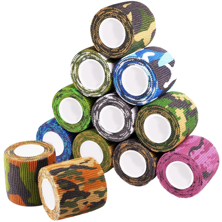 Set 12 role bandaj autoadeziv, Axroad Mall, 5 cm X 4.5 m, Design de camuflaj, Reutilizabila, Impermeabil, Usor de rupt, Extensibil, Pentru genunchi, glezne, incheieturi si alte parti ale corpului, Textil, Multicolor