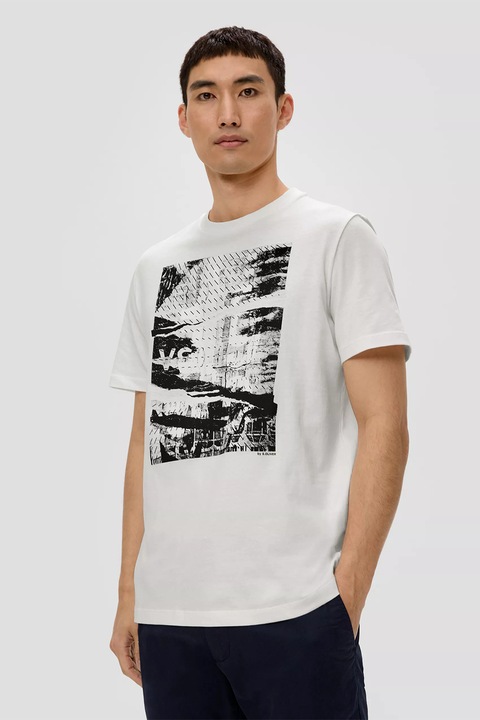 s.Oliver, Тениска с овално деколте и щампа, Бял/Черен