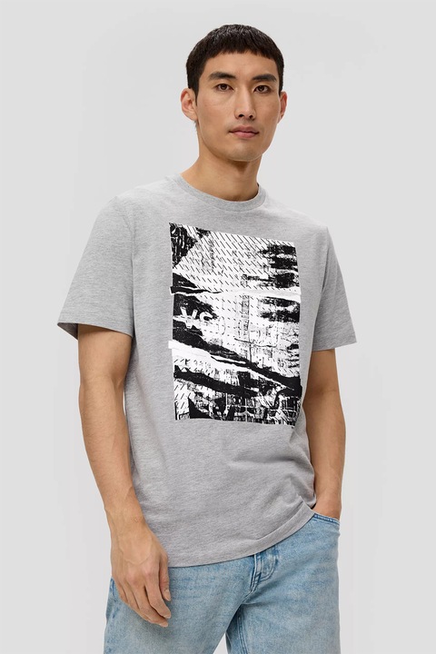 s.Oliver, Тениска с овално деколте и щампа, Бял/Светло сив