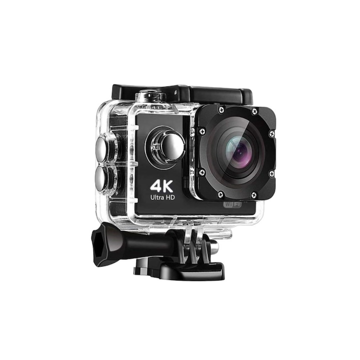 Sport videokamera 4K, Ultra HD, 2 hüvelykes LCD képernyővel, kártyanyílással, vízálló tokkal, használható kerékpározáshoz, síeléshez és víz alatti kalandokhoz, fekete