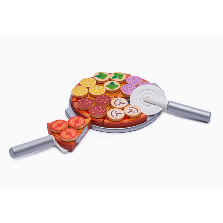 Set Pizza, L@ka, Cu accesorii, 27 piese, Lemn, Non-toxic, Multicolor, 3ani+
