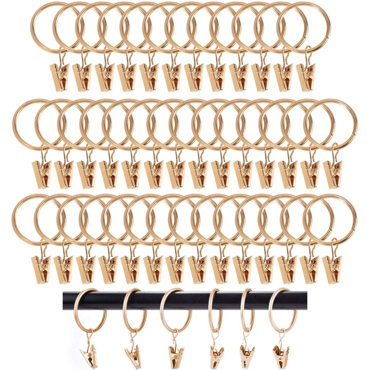Set 48 inele perdea, Axroad Mall, Carlige perdele, Agatarea si fixarea usoara, Demontabile, Capacitate portanta puternica, Rezistente la rugina, Nu se estompeaza, Pentru hoteluri, restaurant, dormitor, Metal, 38mm, Auriu