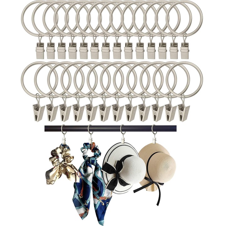 Set 48 inele perdea, Axroad Mall, Carlige perdele, Agatarea si fixarea usoara, Demontabile, Capacitate portanta puternica, Rezistente la rugina, Nu se estompeaza, Pentru hoteluri, restaurant, dormitor, Metal, 38mm, Argintiu