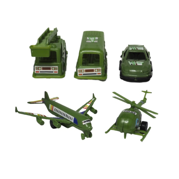 Set camion, autobuz, masina, elicopter si avion armata, Onore, plastic, kaki si alb, 15 x 14 cm, functie push-n-go