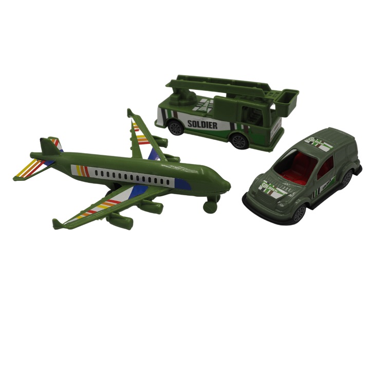 Set camion, masina si avion armata, Onore, plastic, kaki si alb, 15 x 14 cm, functie push-n-go
