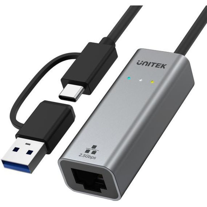Адаптер Unitek, USB-A/USB-C към RJ45, черен/сребрист