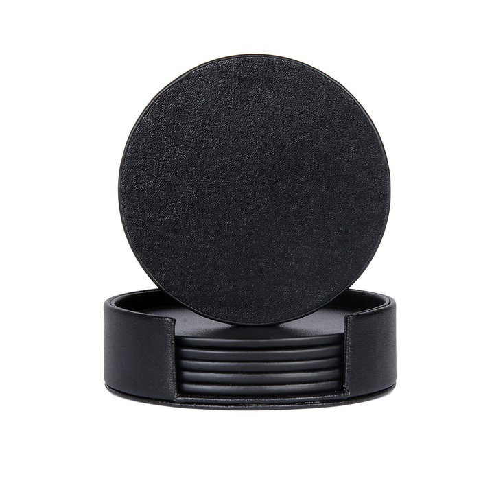 Set 6 suporturi pahare HERUSI piele ecologica negru 10cm