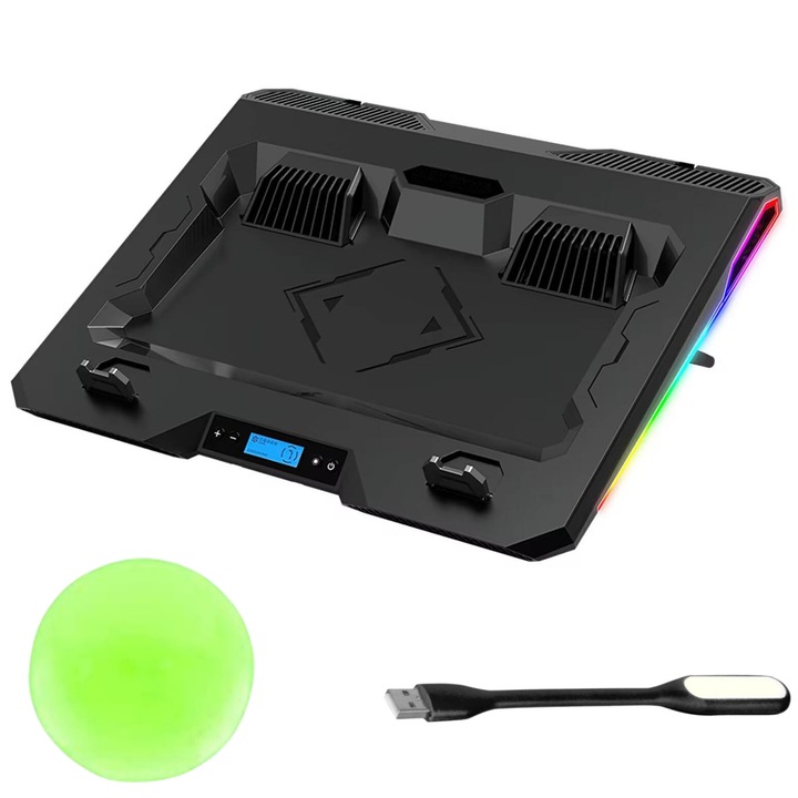 Cooler Laptop BEYONDIX™, RGB Light, 2 Ventilatoare, 2x USB, Mod Silentios cu 6 Nivele Control Viteza, Lampa USB LED si Solutie Curatare Laptop