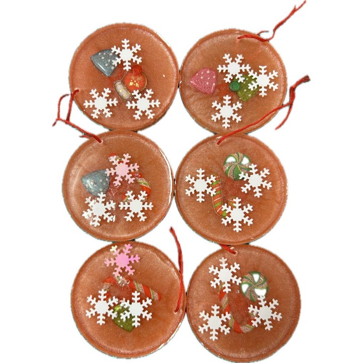 Globuri de craciun, set 6 buc, handmade, din rasina epoxilica, de culoare rosie, rotunde, diametrul de 60 mm