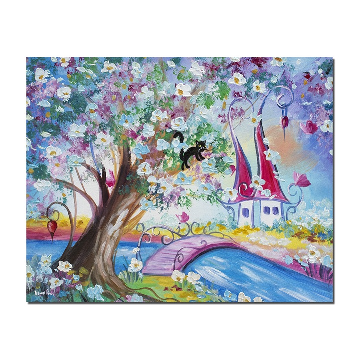 Tablou pictat manual camera copilului, dormitor, Taram de poveste, 50x40cm ulei pe panza, gata de expus pe perete