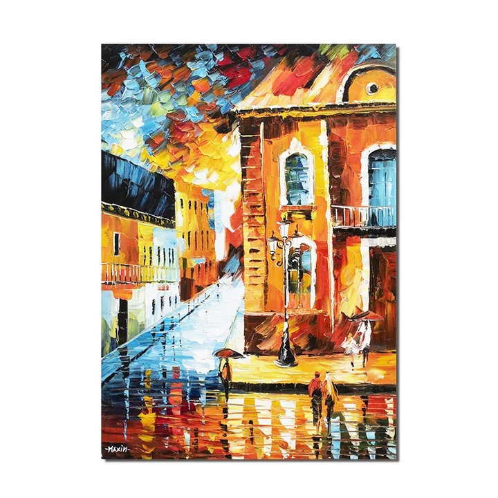 Tablou pictat manual living, hol, birou, dormitor, Seara linistita, prin orasul vechi, pictura 70x50cm ulei pe panza in cutit efect 3D, gata de agatat pe perete