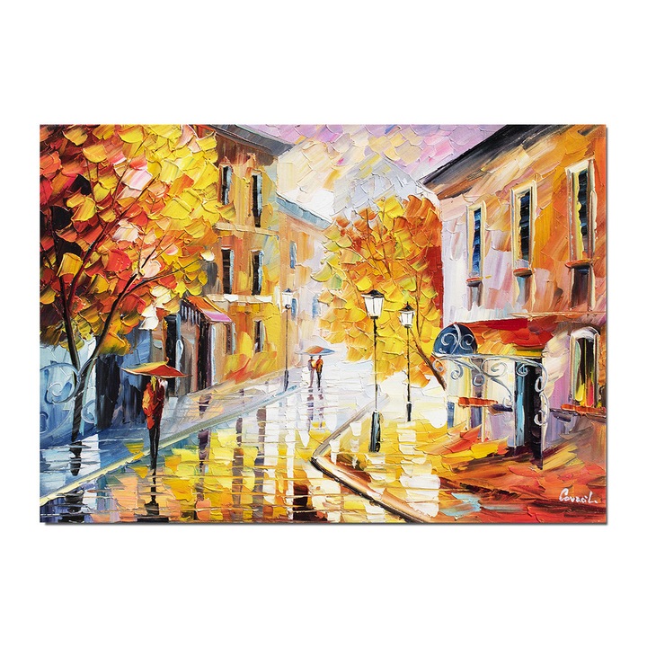 Tablou pictat manual living, hol, birou, dormitor, Peisaj citadin, plimbare relaxanta, 70x50cm ulei pe panza in cutit efect 3D, gata de agatat pe perete