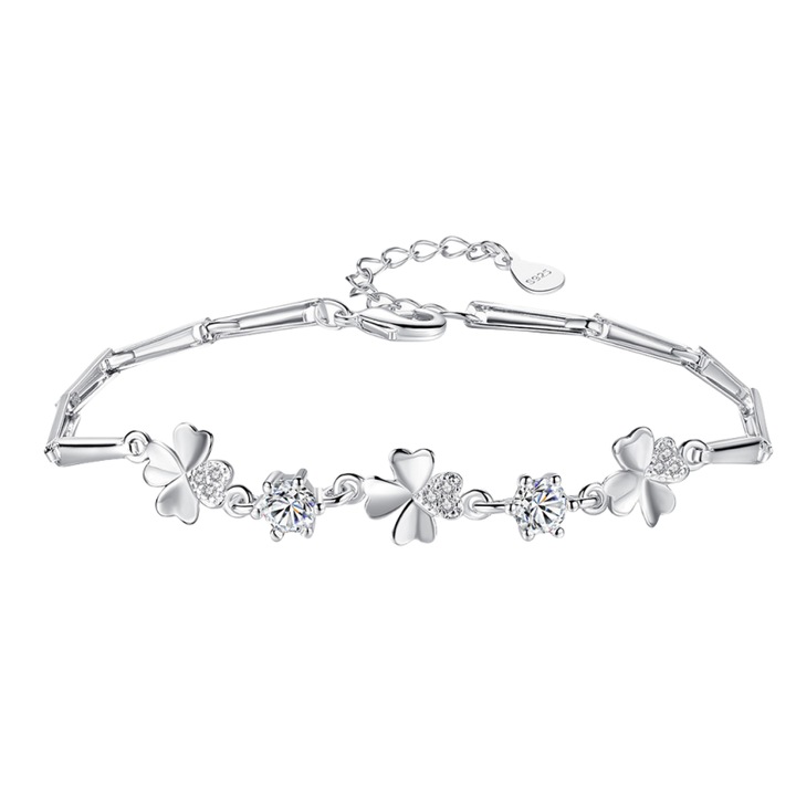Романтична гривна Clover, сребро S925, циркон, цвят платина, 16 см